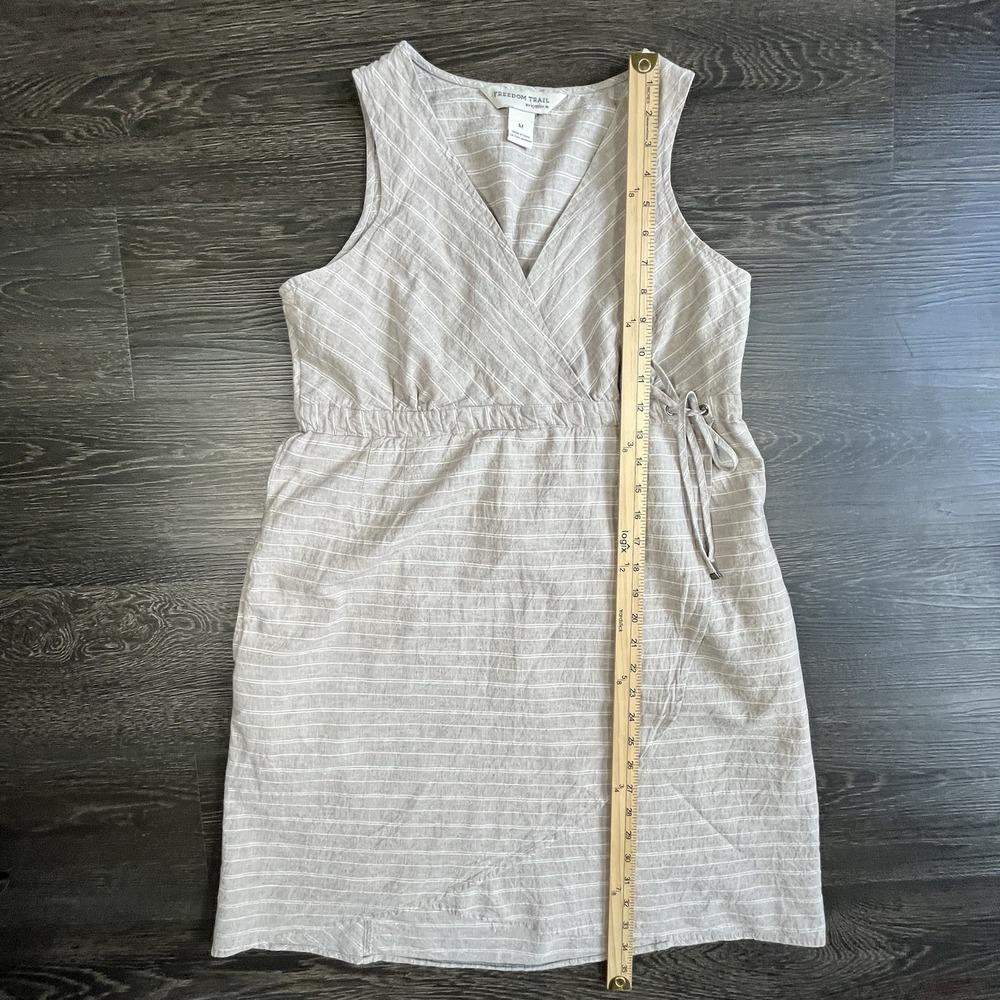 Kyodon Linen Blend Faux Wrap Mini Dress‎ Beige Striped Medium Boho Beach Casual - Picture 6 of 11